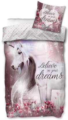 Enhjørning sengetøj - 140x200 cm - Belive in your dreams - Dynebetræk med 2 i 1 design - 100% bomulds sengesæt